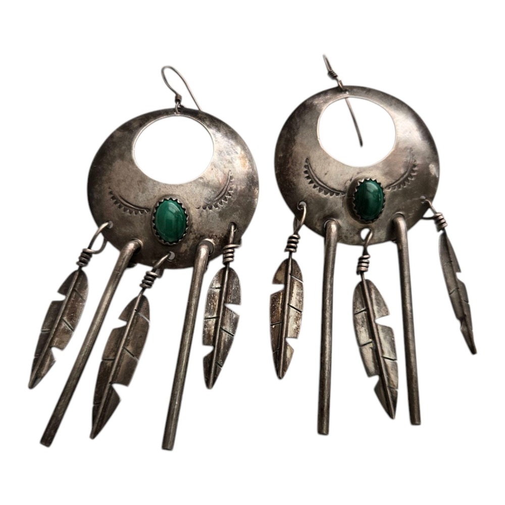Sterling Silver Malachite Large Disk Dangle Earrings Feather Fringe Southwestern